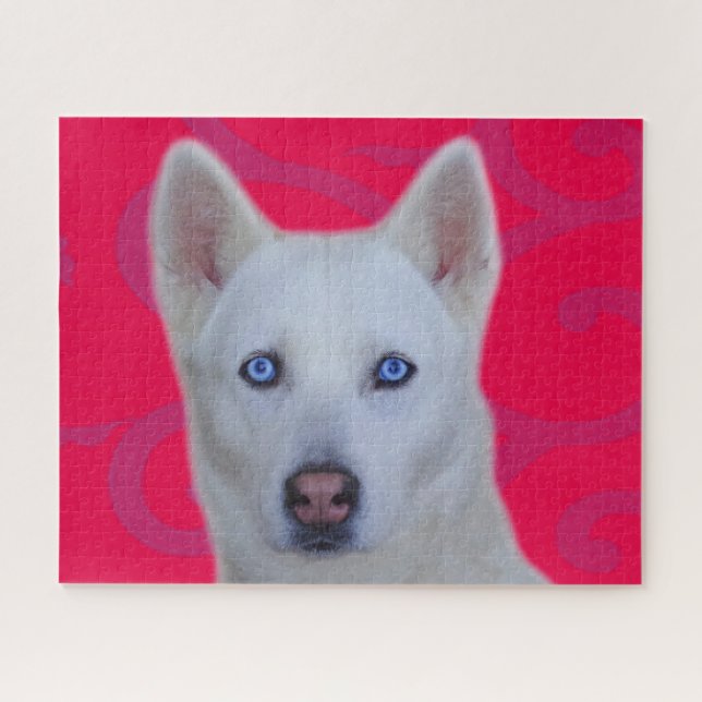 White Siberian Husky Jigsaw Puzzle (Pink BG) (Horizontal)