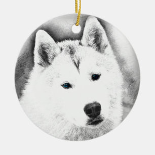 White Siberian Husky w/ Blue Eyes Fine Art Sketch Ceramic Tree Decoration