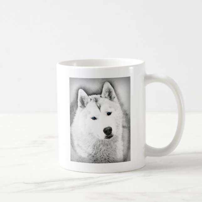 White Siberian Husky w/ Blue Eyes Fine Art Sketch Coffee Mug (Right)
