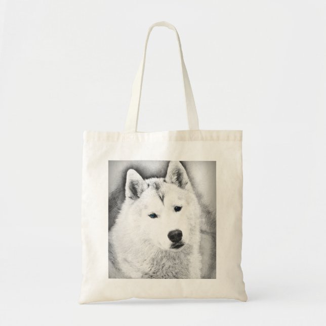 White Siberian Husky w/ Blue Eyes Fine Art Sketch Tote Bag (Front)