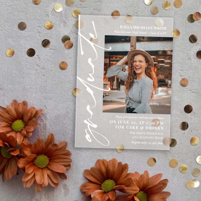 White Signature Script Photo Graduation Party Acrylic Invitations (Creator Uploaded)