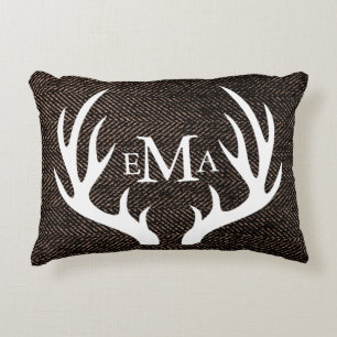 White Silhouette Buck Antlers on Brown Herringbone Decorative Cushion