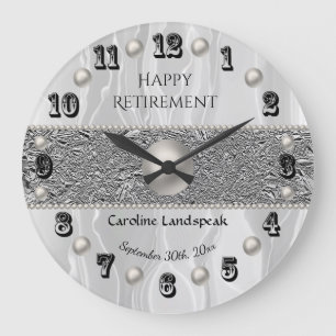 White Silk & White Pearls Happy Retirement  Large Clock