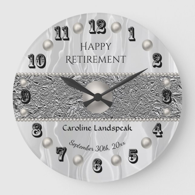 White Silk & White Pearls Happy Retirement  Large Clock (Front)