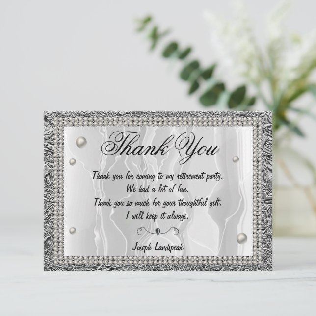 White Silk, White Pearls & Silver Thank You  Card (Standing Front)