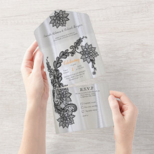 White silk with Black lace  All In One Invitation