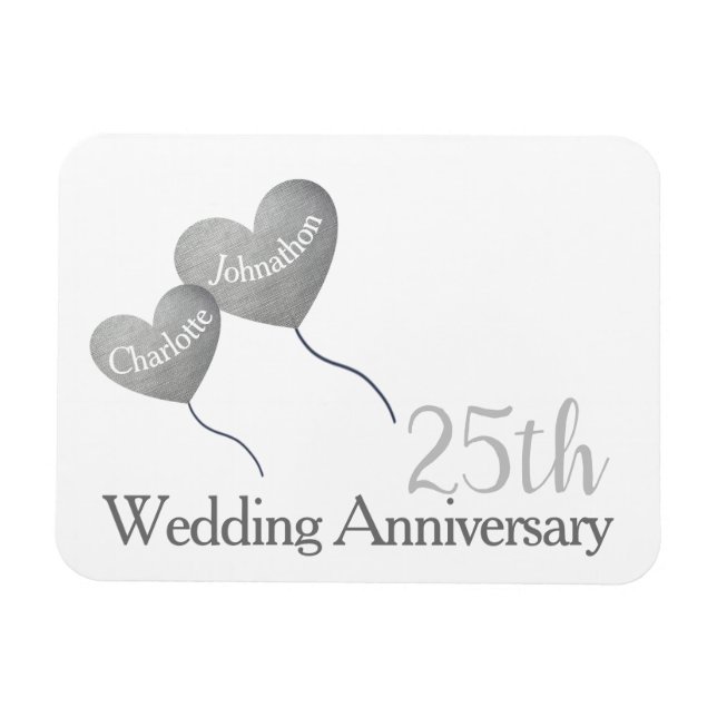White & silver 25th wedding anniversary gift magnet (Horizontal)