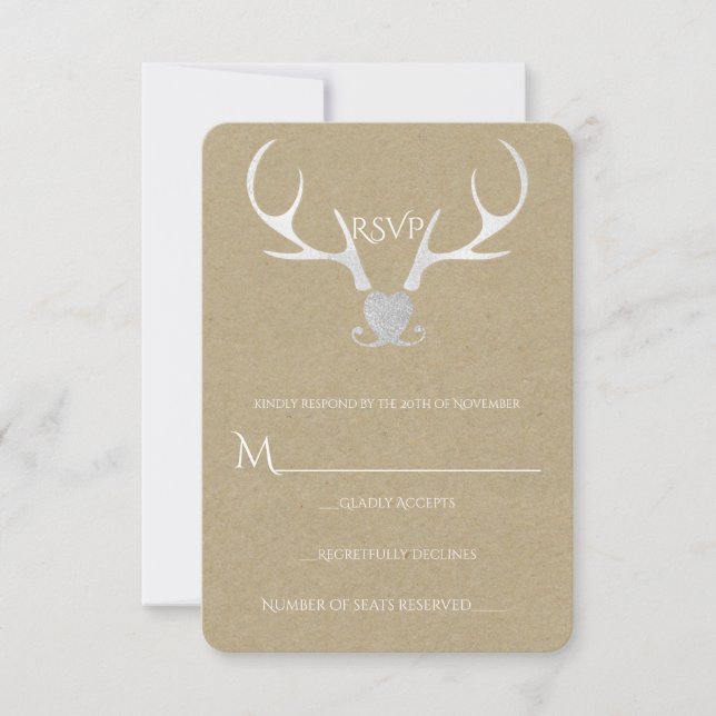 White Silver Antlers & Brown Paper Rustic RSVP (Front)