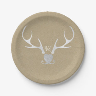White Silver Antlers & Brown Paper Rustic Wedding Paper Plate
