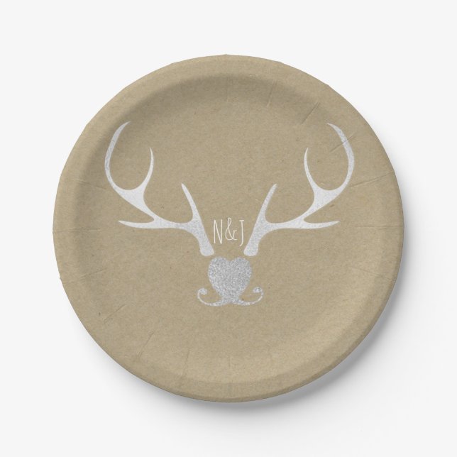 White Silver Antlers & Brown Paper Rustic Wedding Paper Plate (Front)