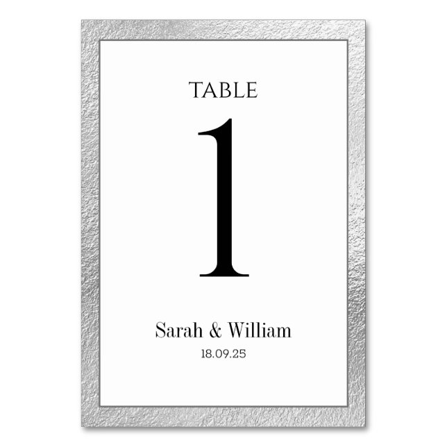 White & Silver Border Wedding Table Number (Front)