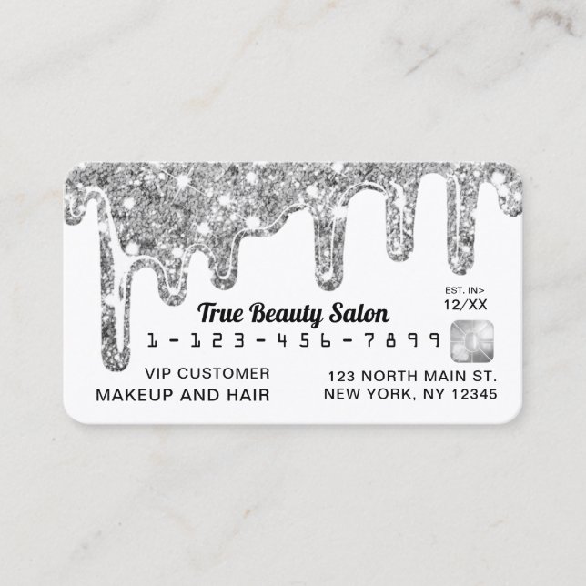 White Silver Chunky Glitter Thick Drips Credit Business Card (Front)