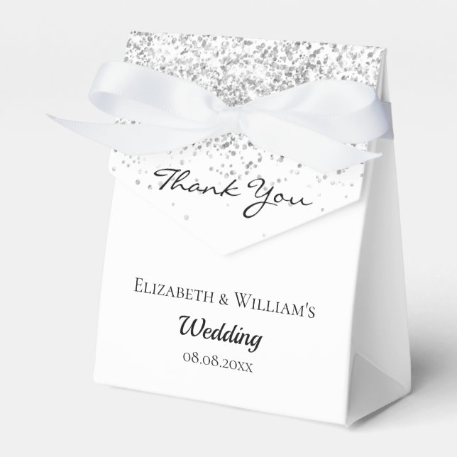 White silver confetti thank you wedding favour box (Front Side)