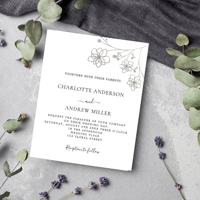 White silver floral budget wedding invitation (Creator Uploaded)