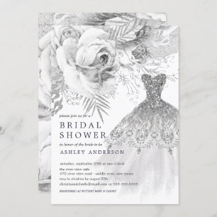 White & Silver Floral Wedding Dress Bridal Shower Invitation