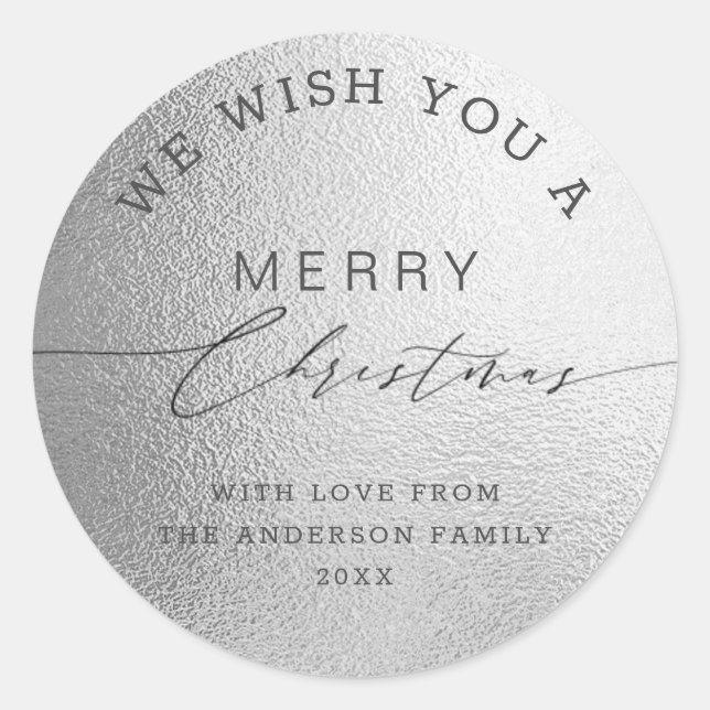 White Silver Foil Chic Script Merry Christmas Classic Round Sticker (Front)