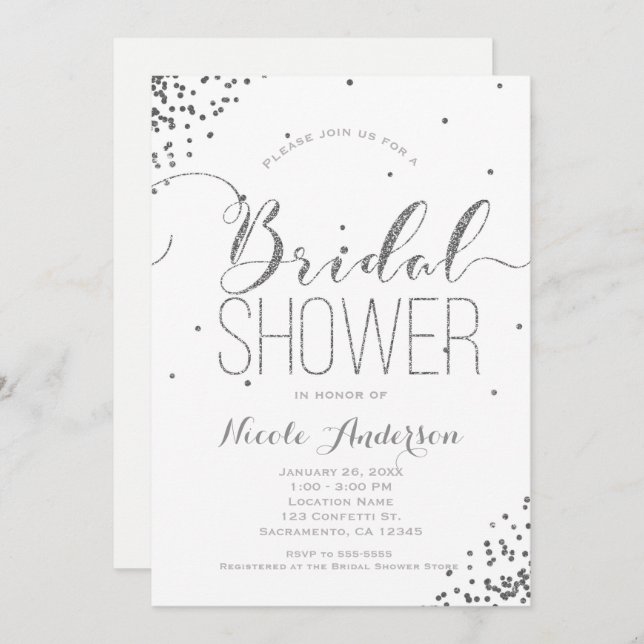 White & Silver Glam Glitter Corners BRIDAL SHOWER Invitation (Front/Back)