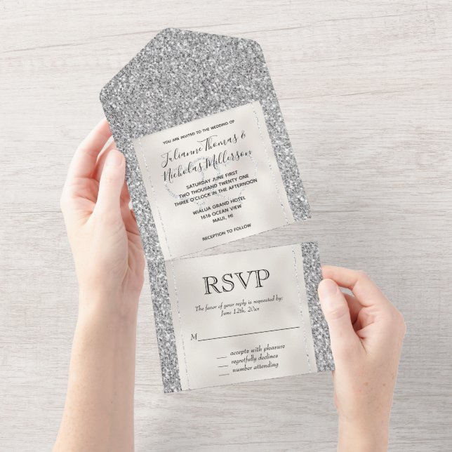 White Silver Glam Glitter Hearts      All In One Invitation (Tearaway)