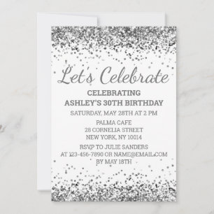 White Silver Glitter 30th Birthday Let's Celebrate Invitation