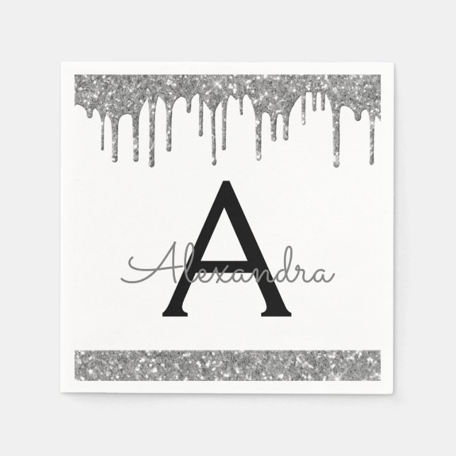 White Silver Glitter Black Monogram Birthday Napkin (Front)