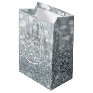 White Silver Glitter Bokeh Glam Chandelier Sparkle Medium Gift Bag