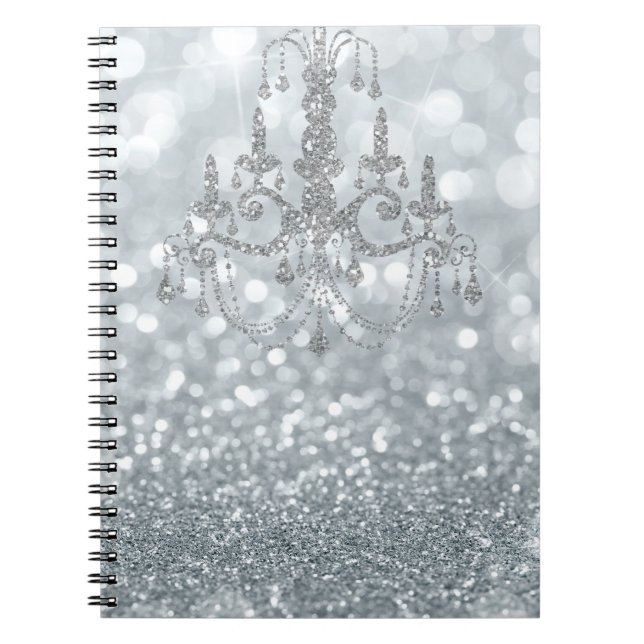 White Silver Glitter Bokeh Glam Chandelier Sparkle Notebook (Front)