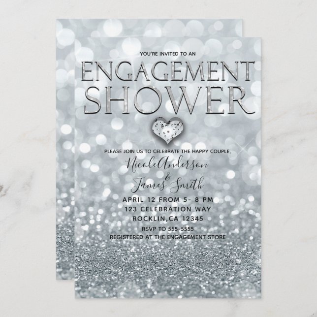 White Silver Glitter Bokeh Glam Engagement Shower Invitation (Front/Back)