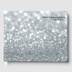 White Silver Glitter Bokeh Glam Sparkle Wedding Guest Book