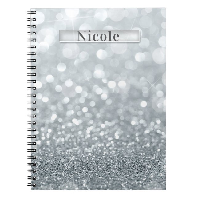 White Silver Glitter Bokeh Glam Trendy Sparkle Notebook (Front)
