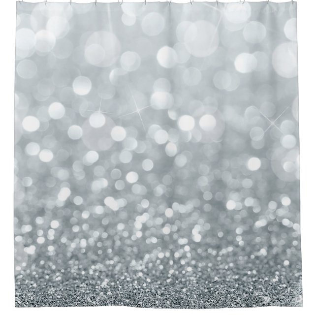 White Silver Glitter Bokeh Glam Trendy Sparkle Shower Curtain (Front)