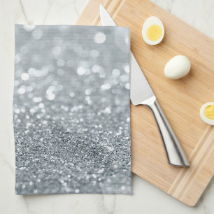 White Silver Glitter Bokeh Glam Trendy Sparkle Tea Towel