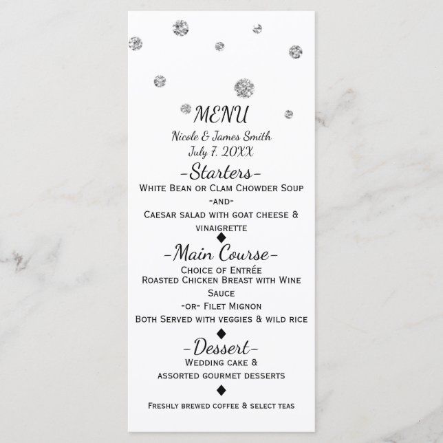 White & Silver Glitter Dots Modern Wedding Menu (Front)
