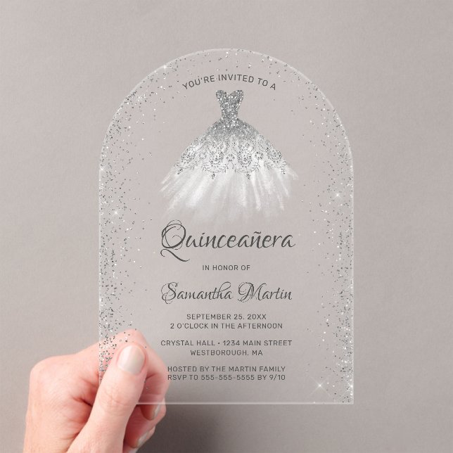 White Silver Glitter Dress Quinceañera Party Acrylic Invitations (Insitu (Handheld))