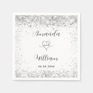 White silver glitter elegant script wedding napkin