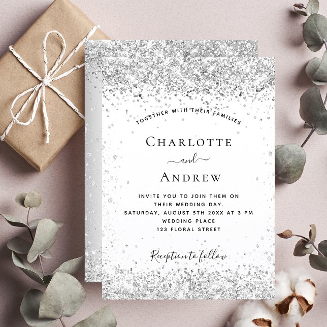 White silver glitter elegant wedding invitation (Creator Uploaded)