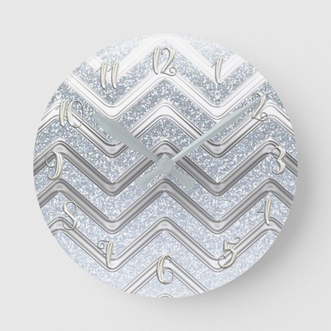 White Silver Glitter Girly Glam Glamour Chevron Round Clock (Front)