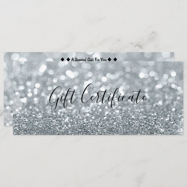 White Silver Glitter Glam Gift Certificate Invitation (Front/Back)