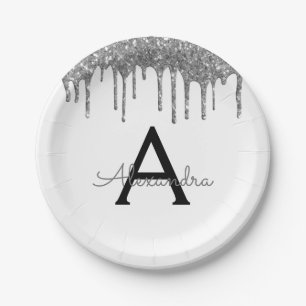 White Silver Glitter Monogram Birthday Paper Plate