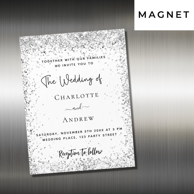 White silver glitter script luxury wedding magnetic invitation (Creator Uploaded)