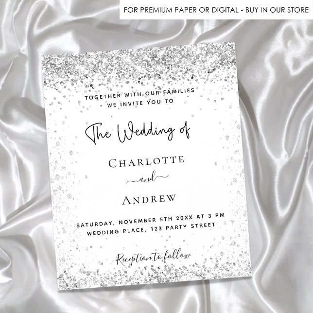 White silver glitter script wedding invitation (Creator Uploaded)