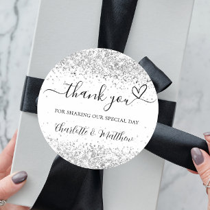 White silver glitter sparkles thank you wedding classic round sticker