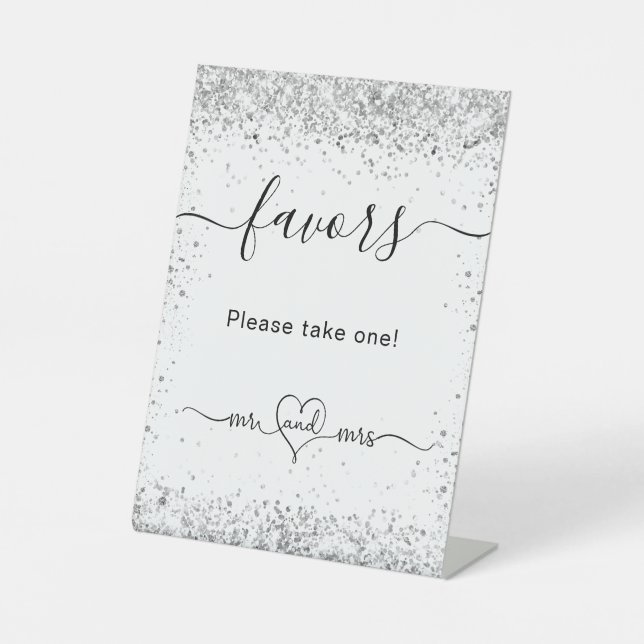 White silver glitter sparkles wedding guest favour pedestal sign (Front)