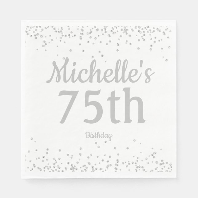 White Silver Glitter Women's  75th Birthday Napkin (Front)