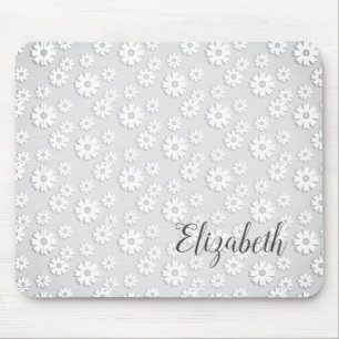 White & Silver Gray Floral Mouse Pad