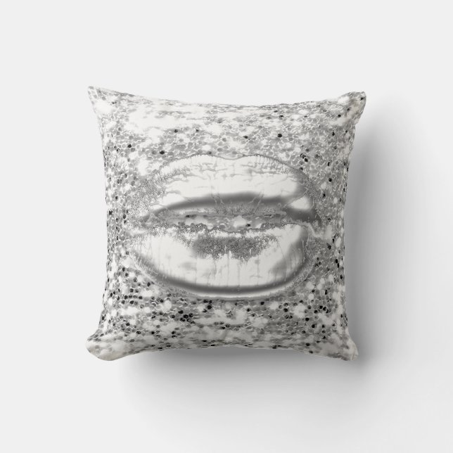 White Silver Grey Glitter Kiss Lips Makeup Sparkly Cushion (Front)