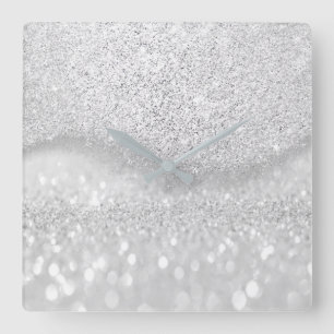 White Silver Grey Glitter Minimal Ombre Elegant Square Wall Clock