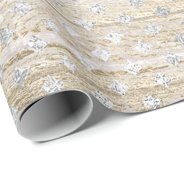 White Silver Grey  Gold Diamond Cut Wood Rustic Wrapping Paper (Roll Corner)