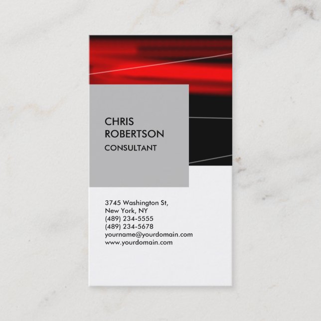 White Silver Grey Red Black Vertical Business Card (Front)