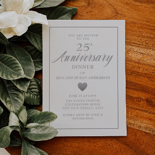 White Silver Heart 25th Wedding Anniversary Invitation