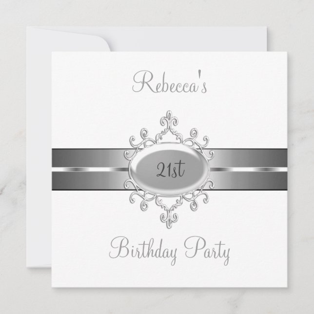 White Silver Jewel 21st Elegant Birthday Party Invitation (Front)